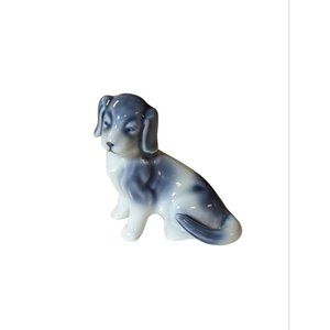Dog Figurine Blue White Sitting Tail Curled Ceramic Made in Japan Spaniel